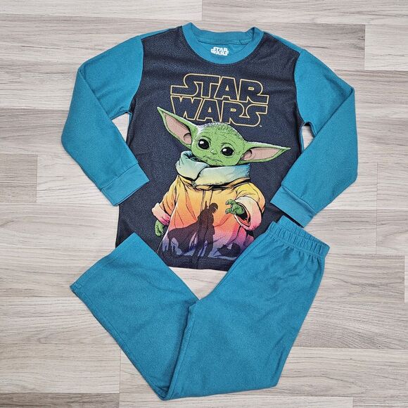 STAR WARS Boys Teal Baby Yoda Child Fleece Pajama Set Size 8 - Picture 1 of 8